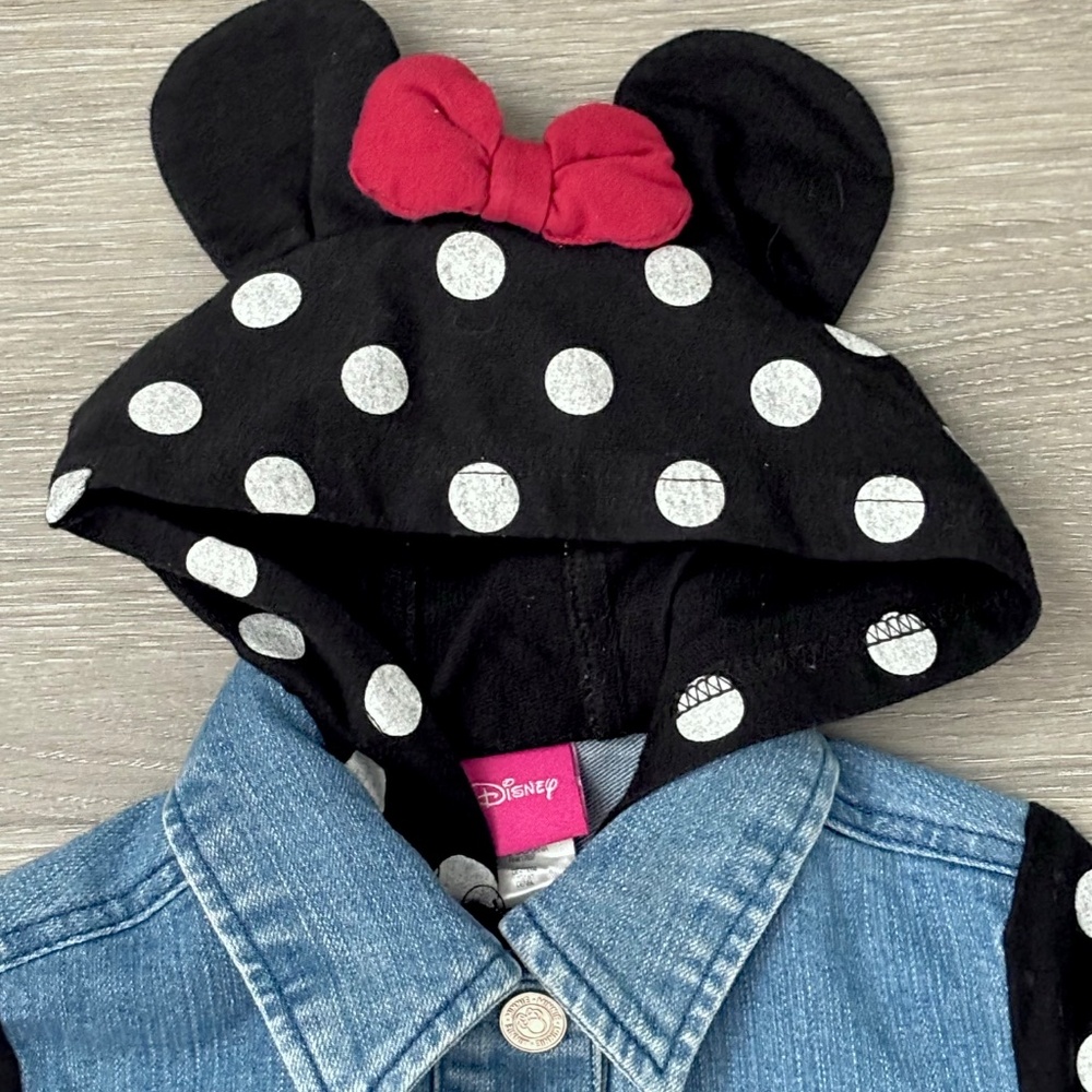 Disney Minnie Mouse Jean Denim Jacket White Polka Dots Minnie Ears Bow Hood 2T - Picture 2 of 11